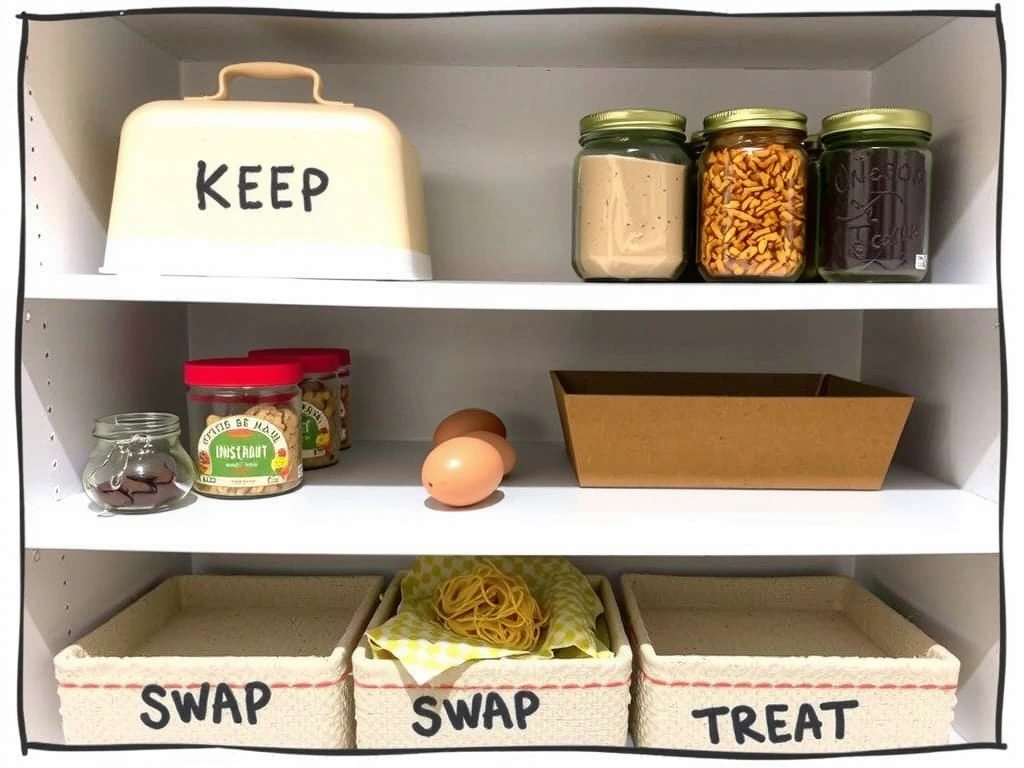 Annotated pantry shelf with three zones